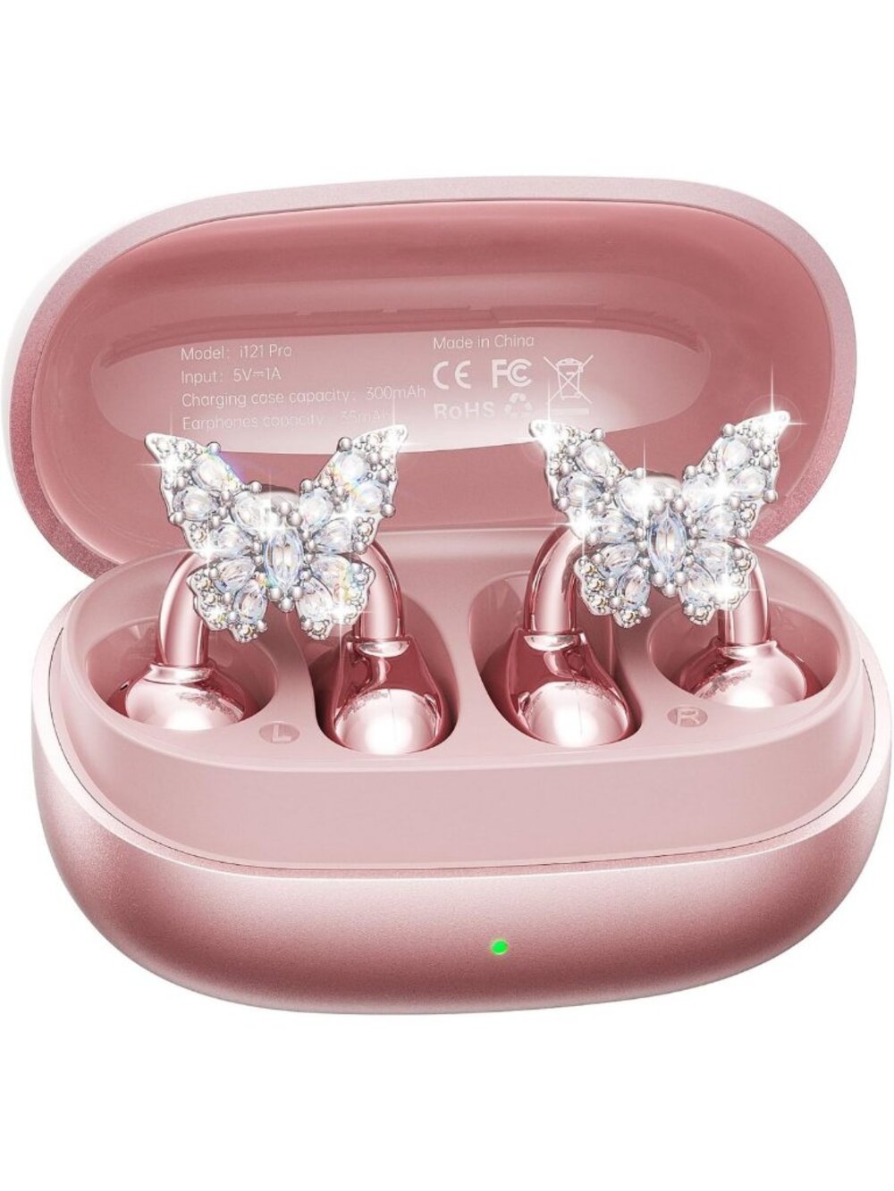 Wireless Bluetooth Earbuds with Butterfly Earrings & Case, 40H Playtime, Rose